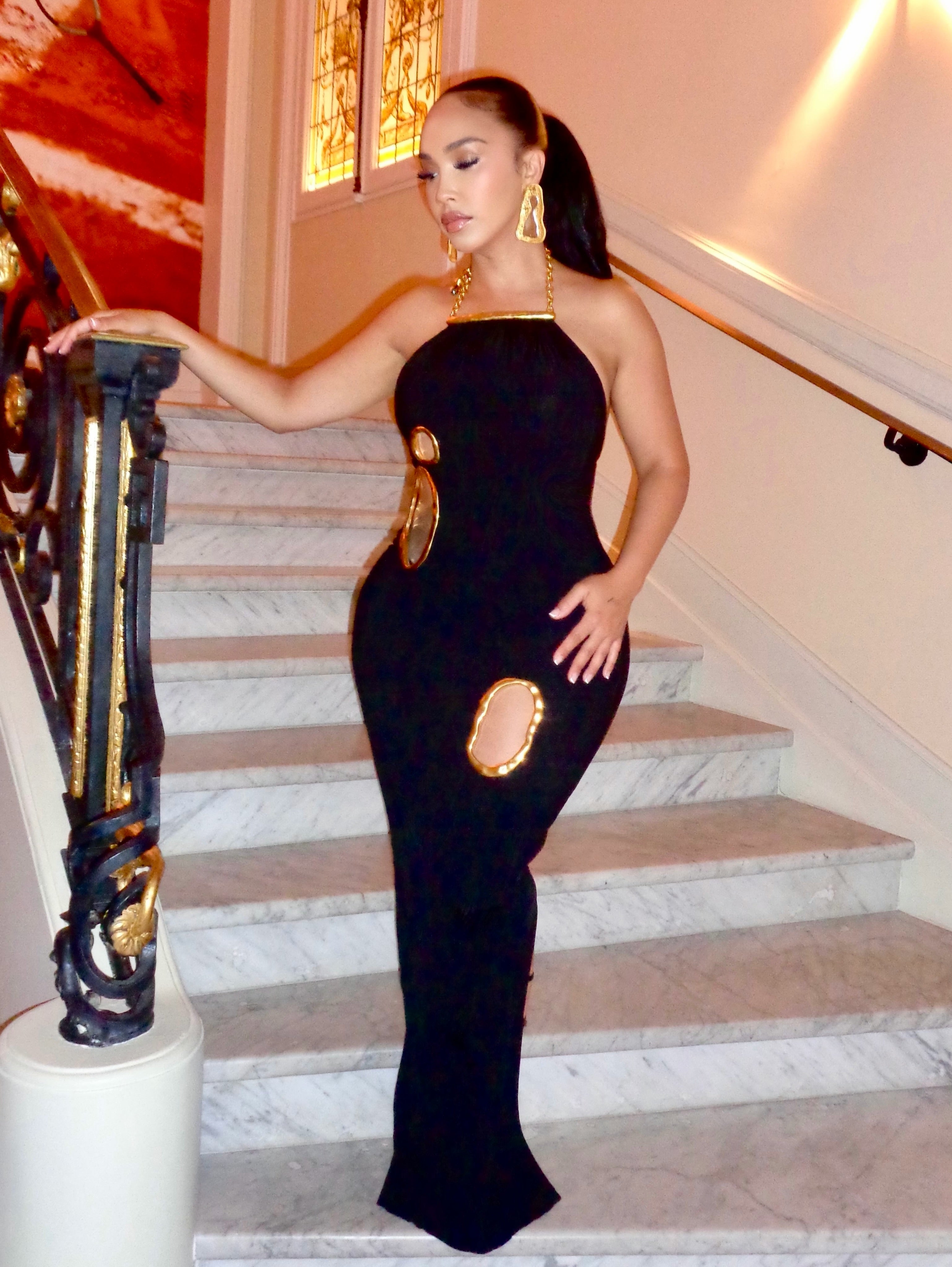 Gold Trim Cutout Knit Maxi Dress