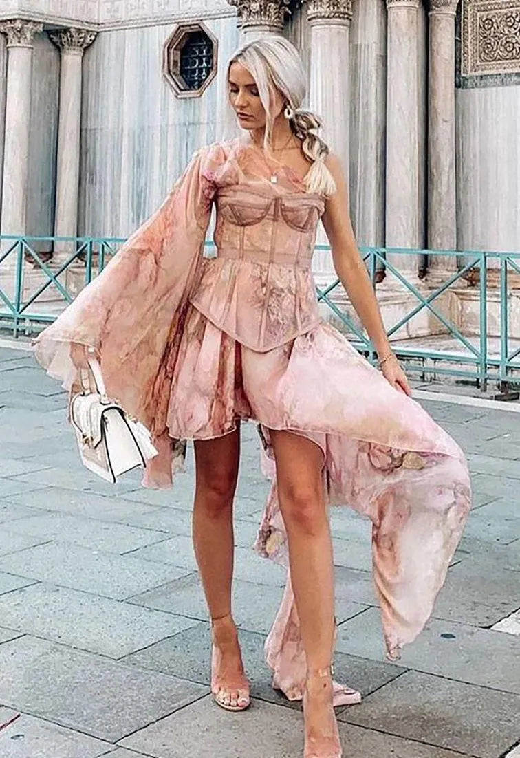 Floral Corset One Shoulder Dress