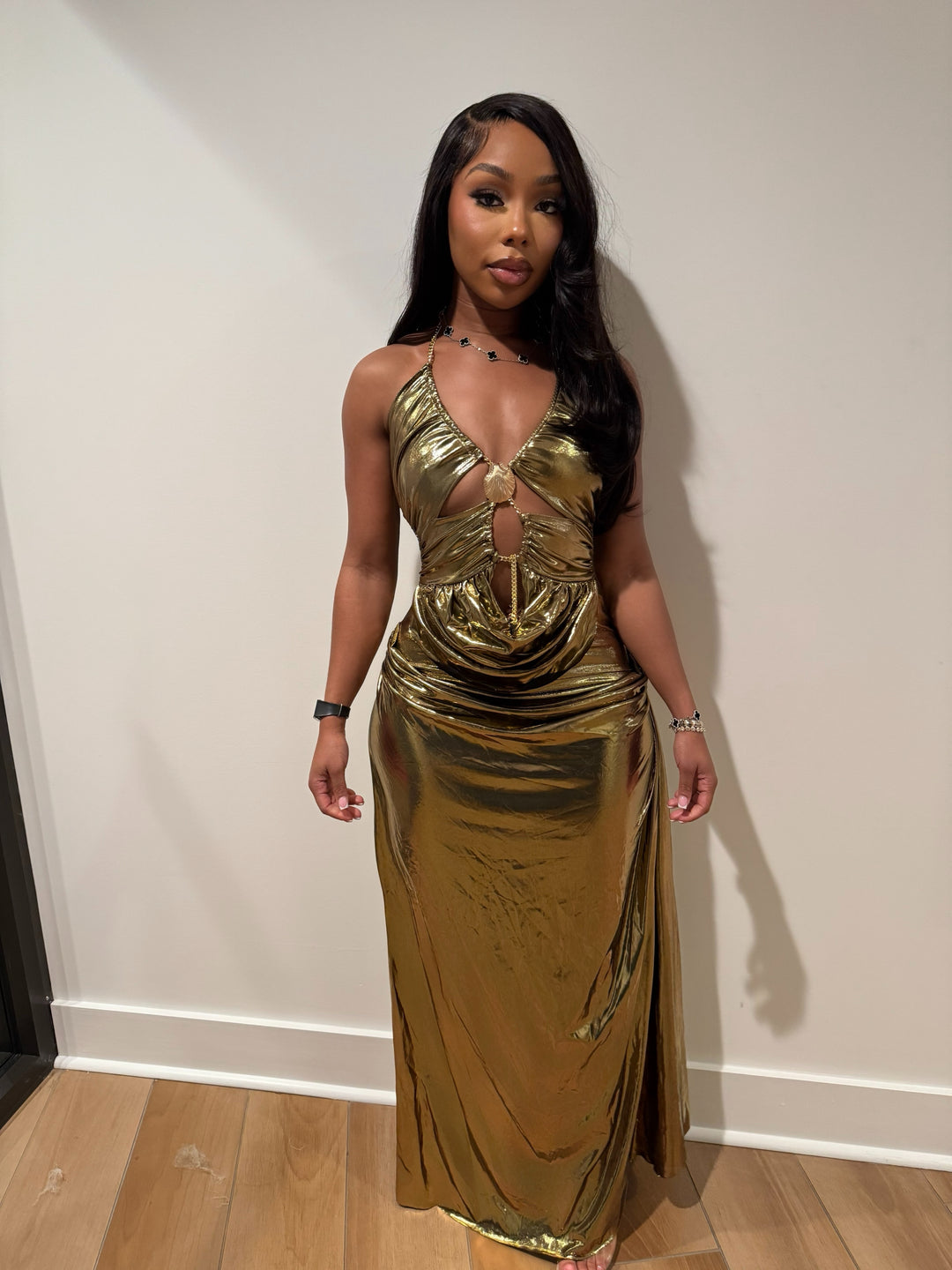 Gold Metallic Ruched Maxi Dress