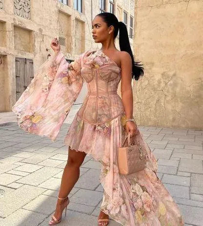 Floral Corset One Shoulder Dress
