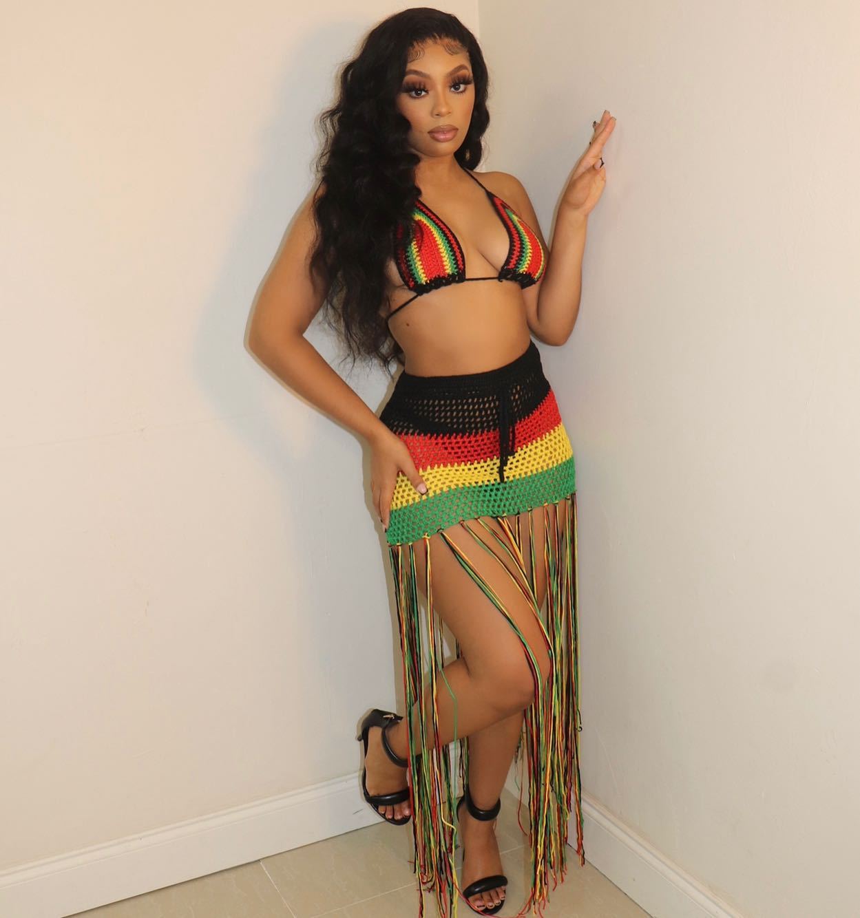 Jamaican Gyal Tassel Knitted Skirt Set