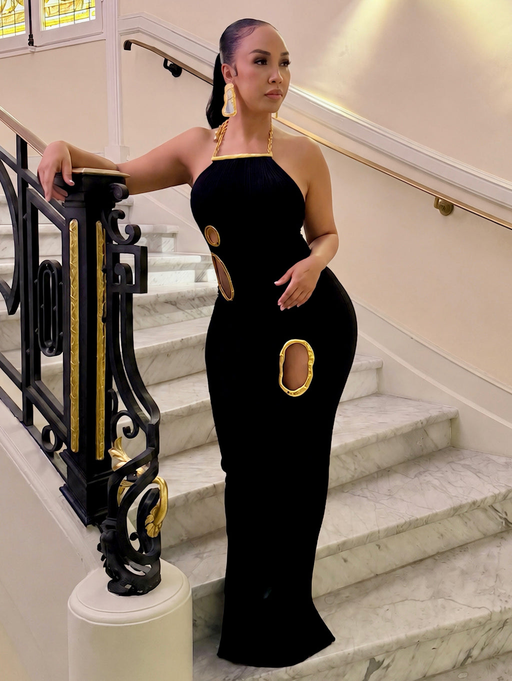 Gold Trim Cutout Knit Maxi Dress