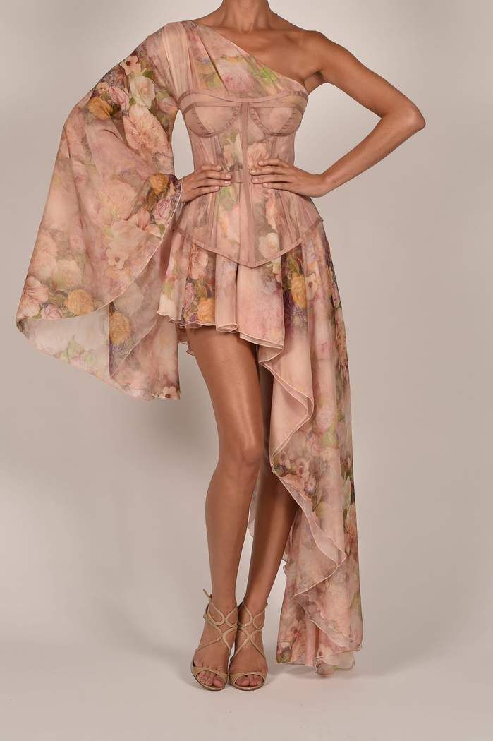 Floral Corset One Shoulder Dress