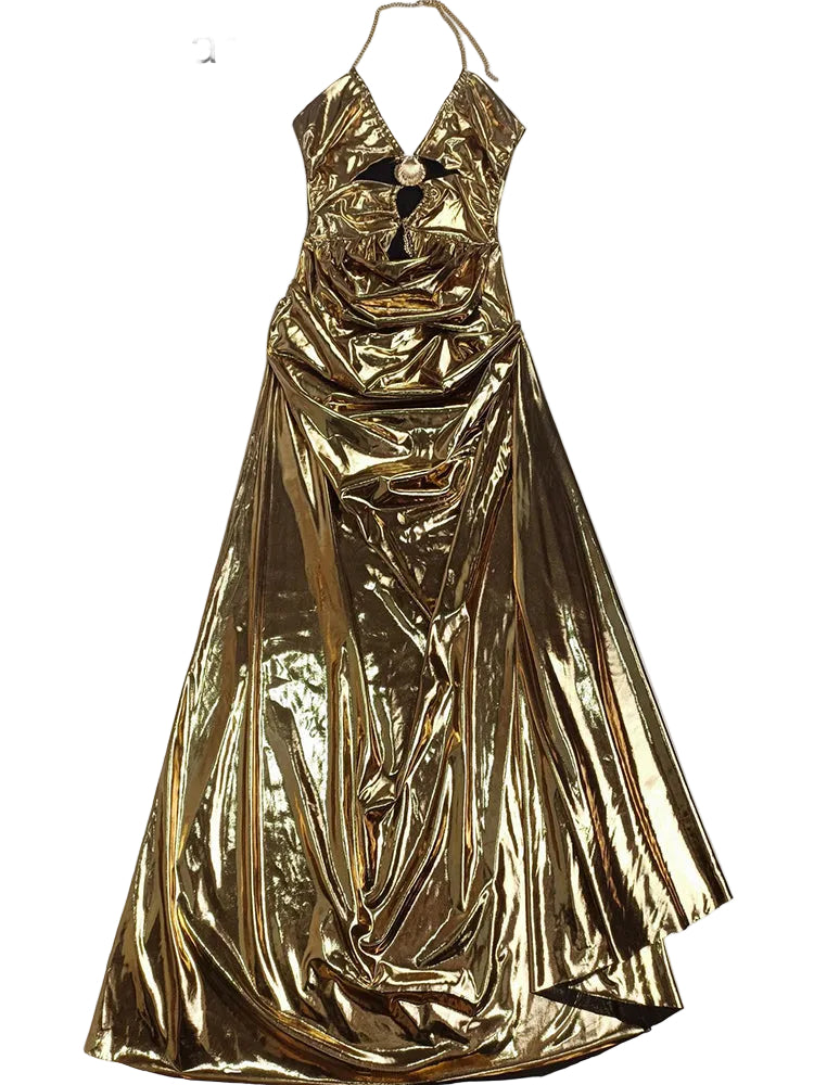Gold Metallic Ruched Maxi Dress