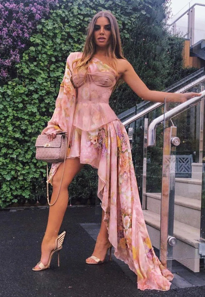 Floral Corset One Shoulder Dress