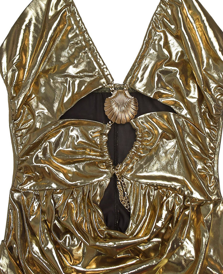 Gold Metallic Ruched Maxi Dress