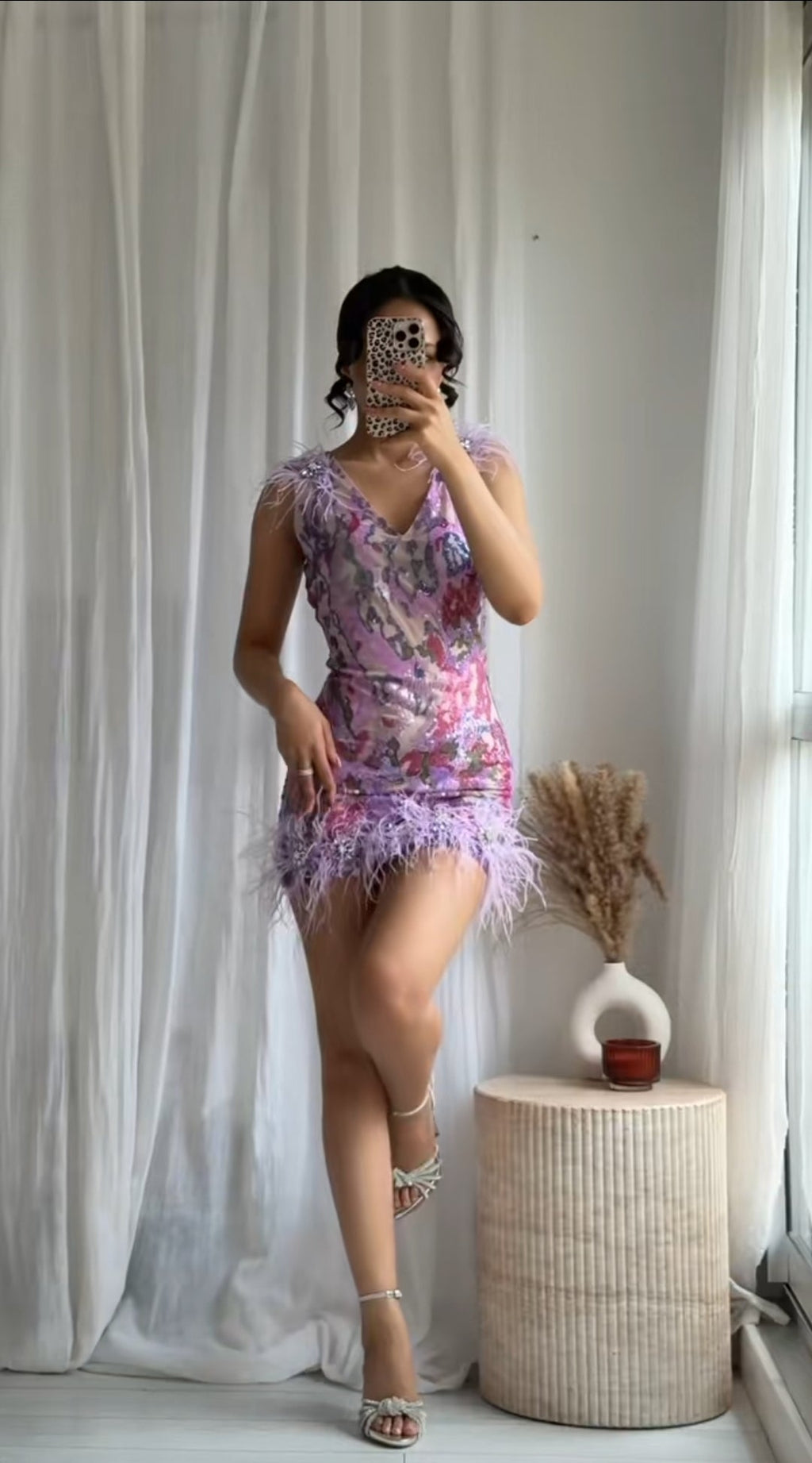 Lexa Sequin Feather Mini Dress