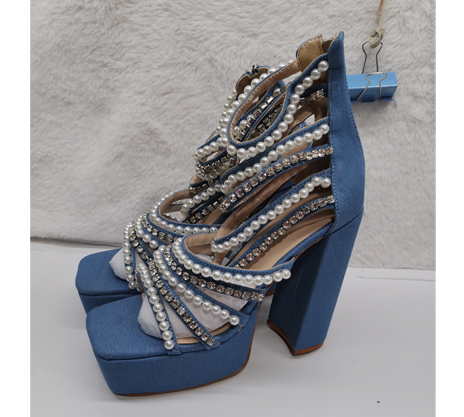 Denim Pearls Chunky High Heel