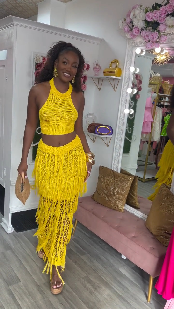 Olina Crochet Knit Tassel Skirt Set