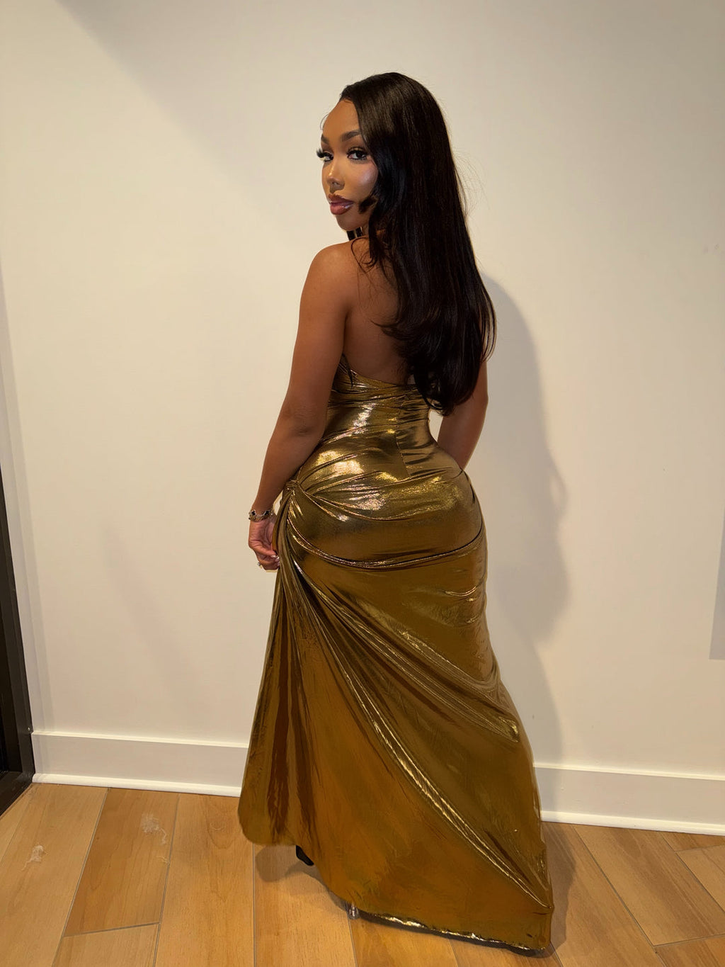 Gold Metallic Ruched Maxi Dress