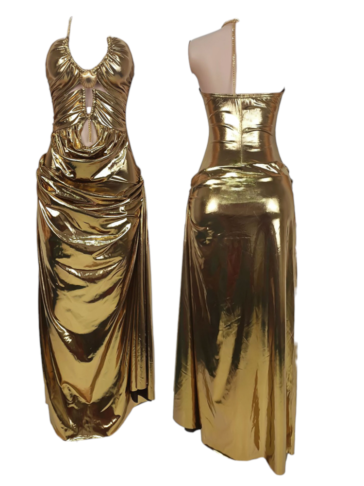 Gold Metallic Ruched Maxi Dress